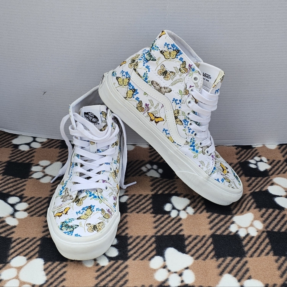 Vans High Top Sneakers in White with Yellow & Blue Butterfly Print